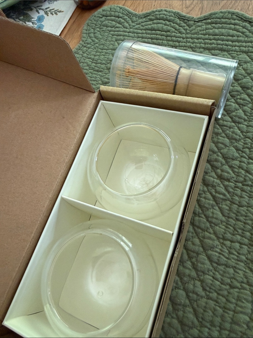 Set of 2 boxed Clear Glass Matcha cups and matcha Whisk